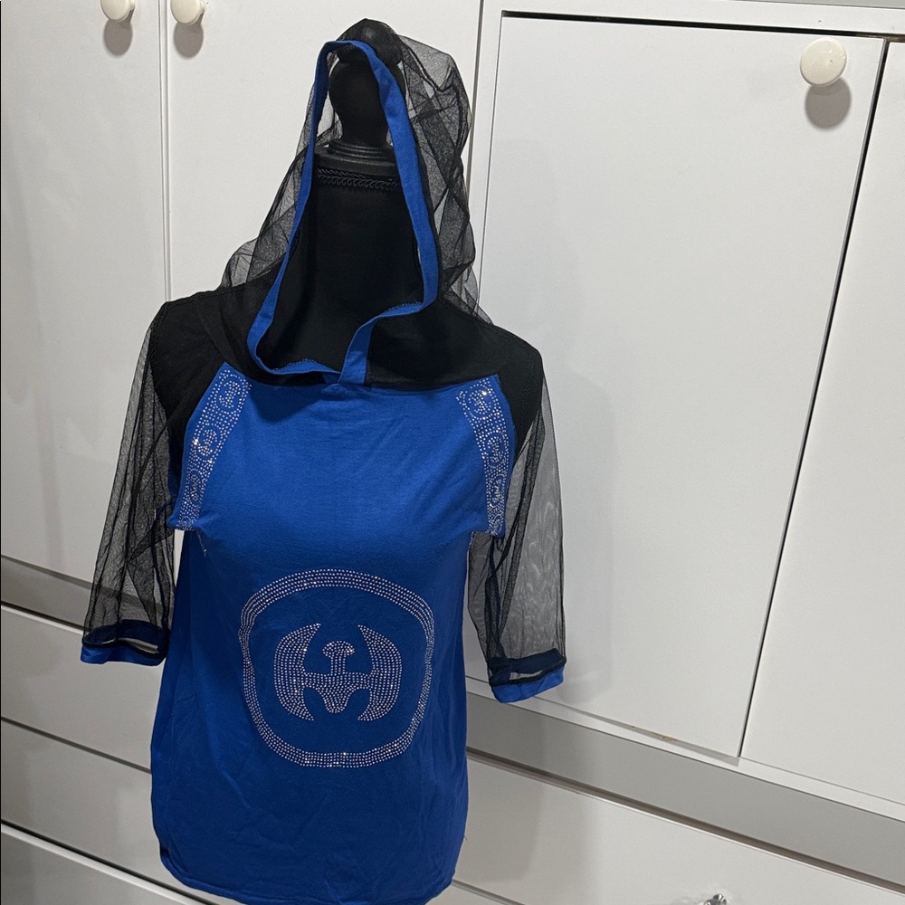 Blue and Black Hooded Women's Top